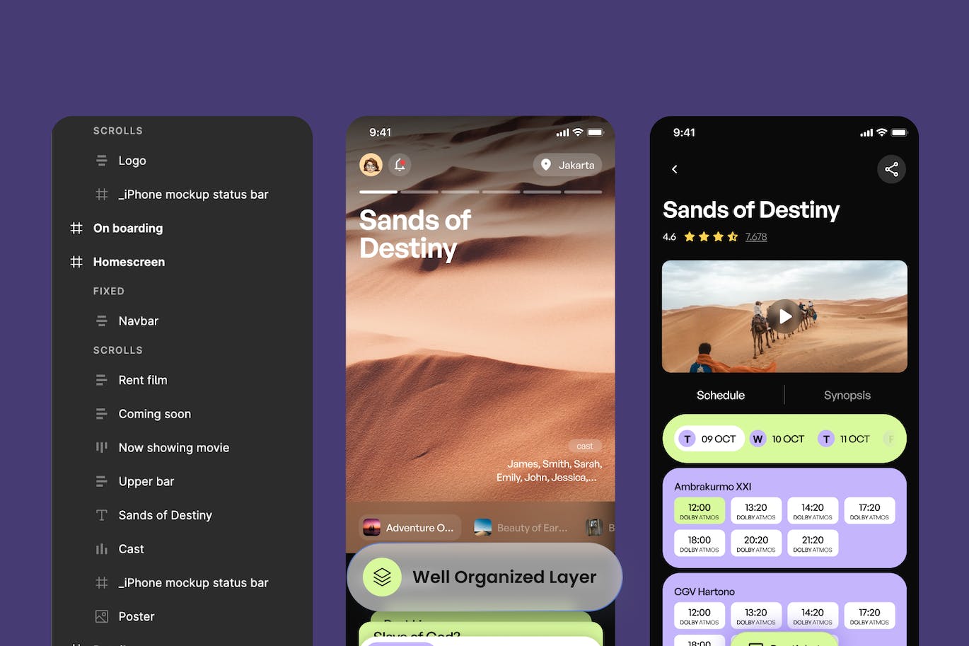 紫色电影票移动应用APP UI界面素材包