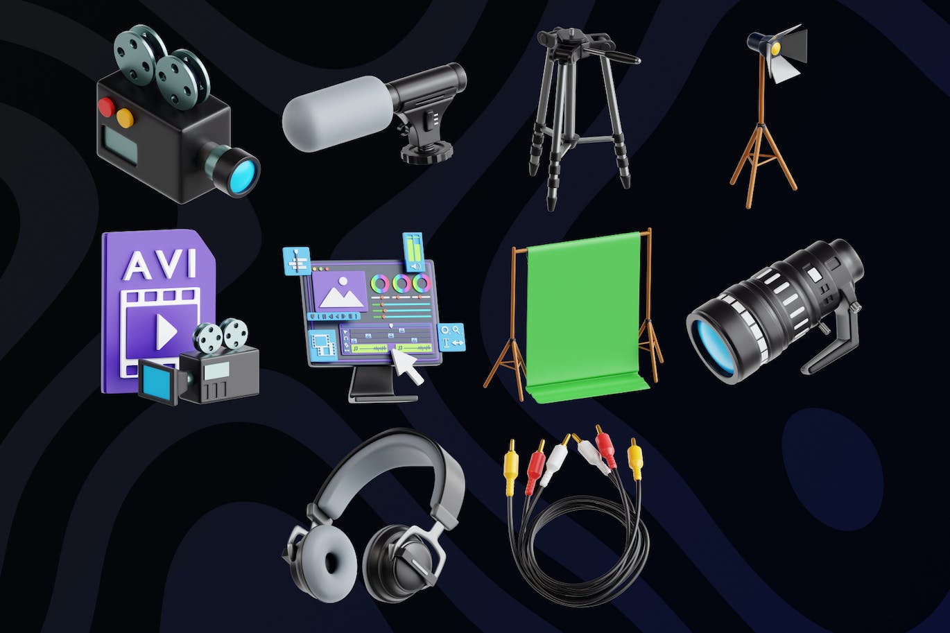 10个漂亮的黑色3D视频设备图标素材包（PNG,FBX,OBJ）