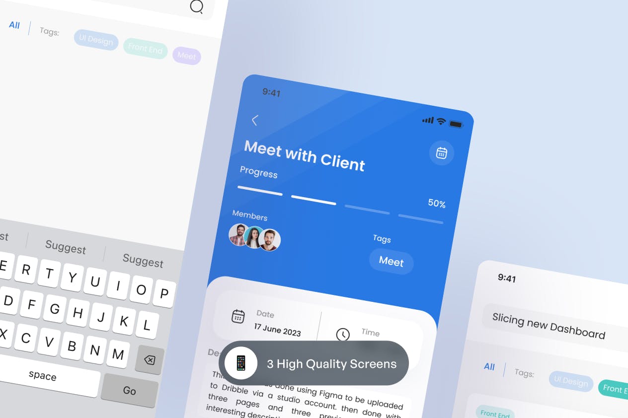3个蓝色任务管理搜索页面APP UI素材
