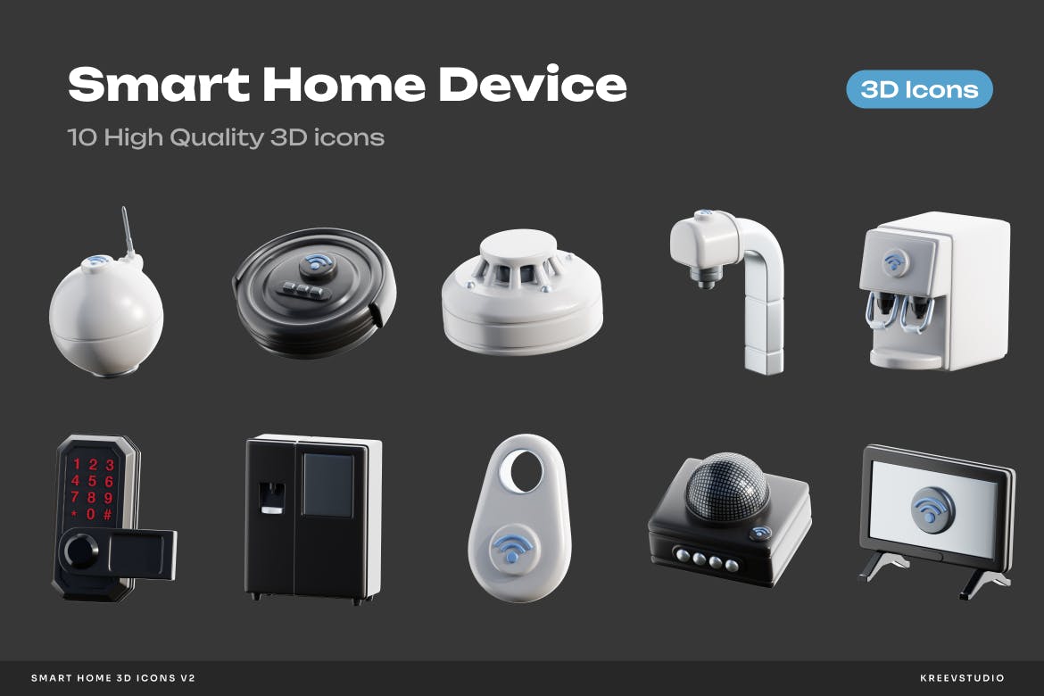 智能家居设备 3D 图标卷。 2 (PNG,FBX,OBJ)-2 10个黑白质感智能家居家电设备3D图标素材包(PNG,FBX,OBJ)
