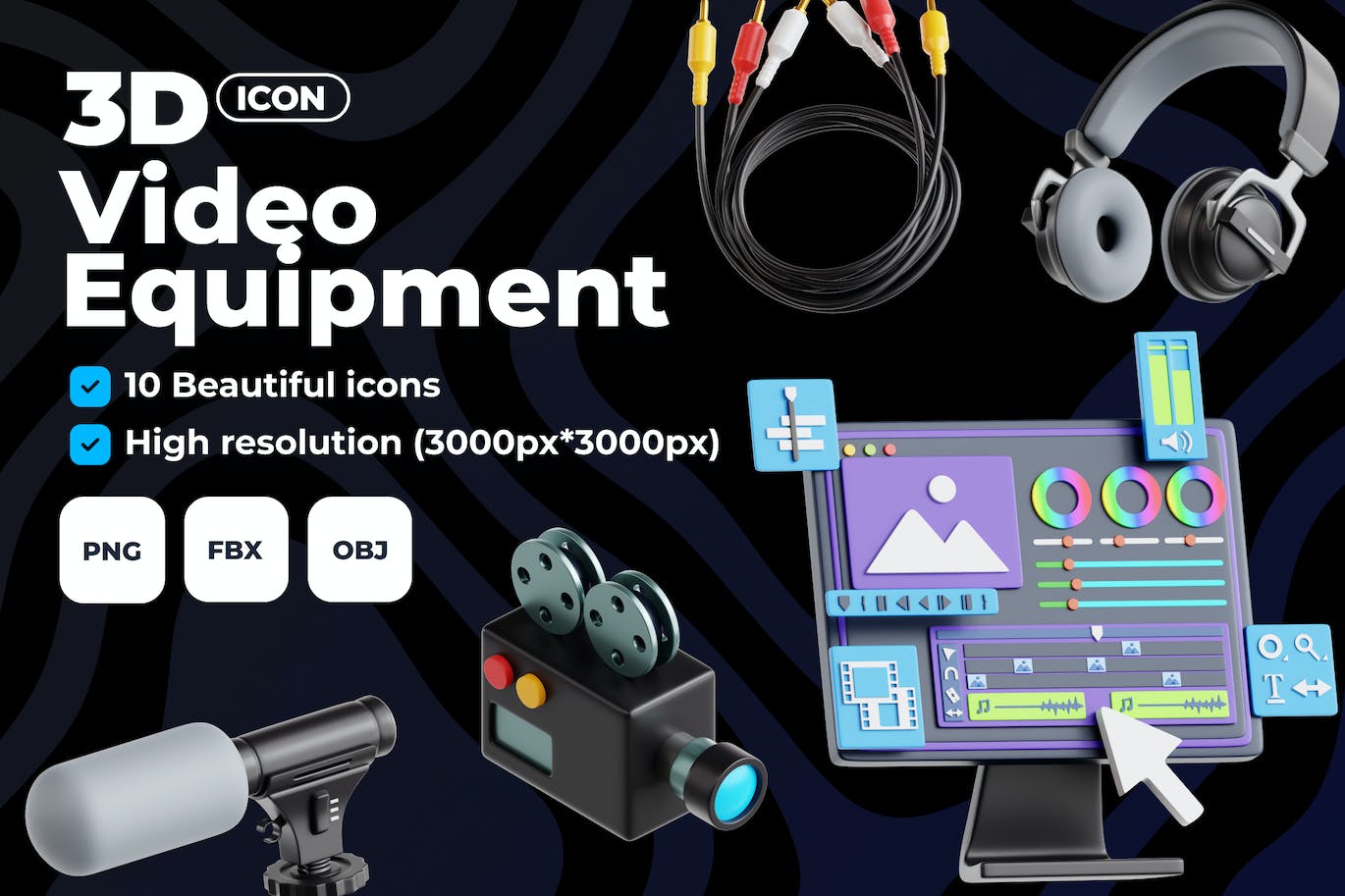 10个漂亮的黑色3D视频设备图标素材包（PNG,FBX,OBJ）