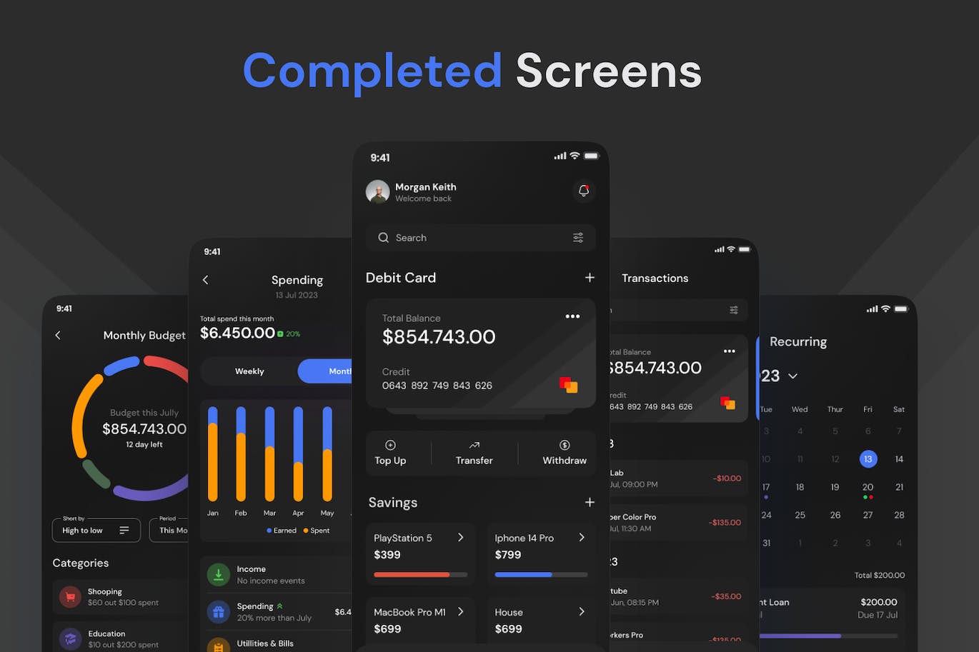 黑色资金财务交易主题移动APP UI Kit素材包
