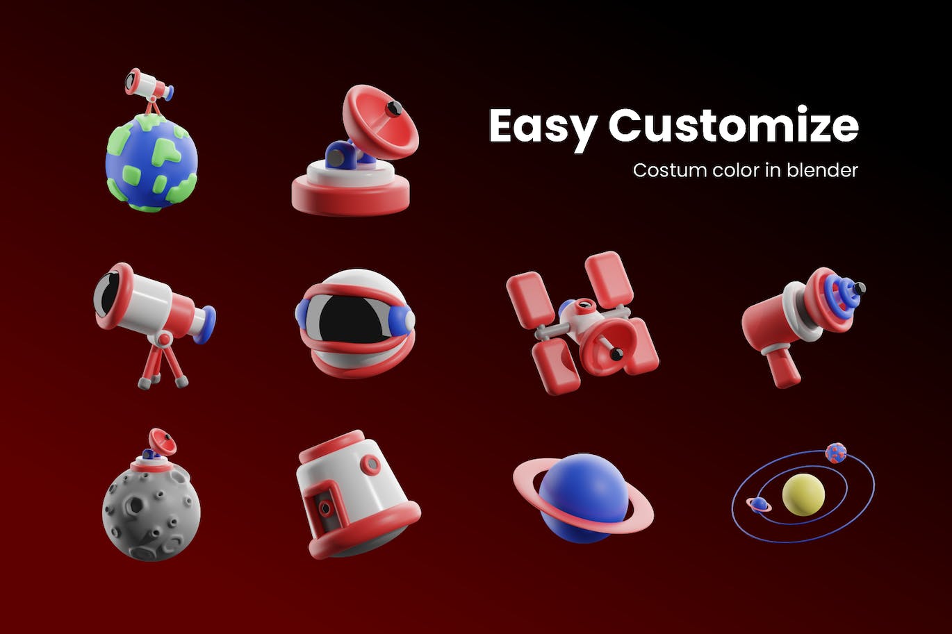 Blender太空空间主题3D图标素材包（FBX,OBJ,Blender）