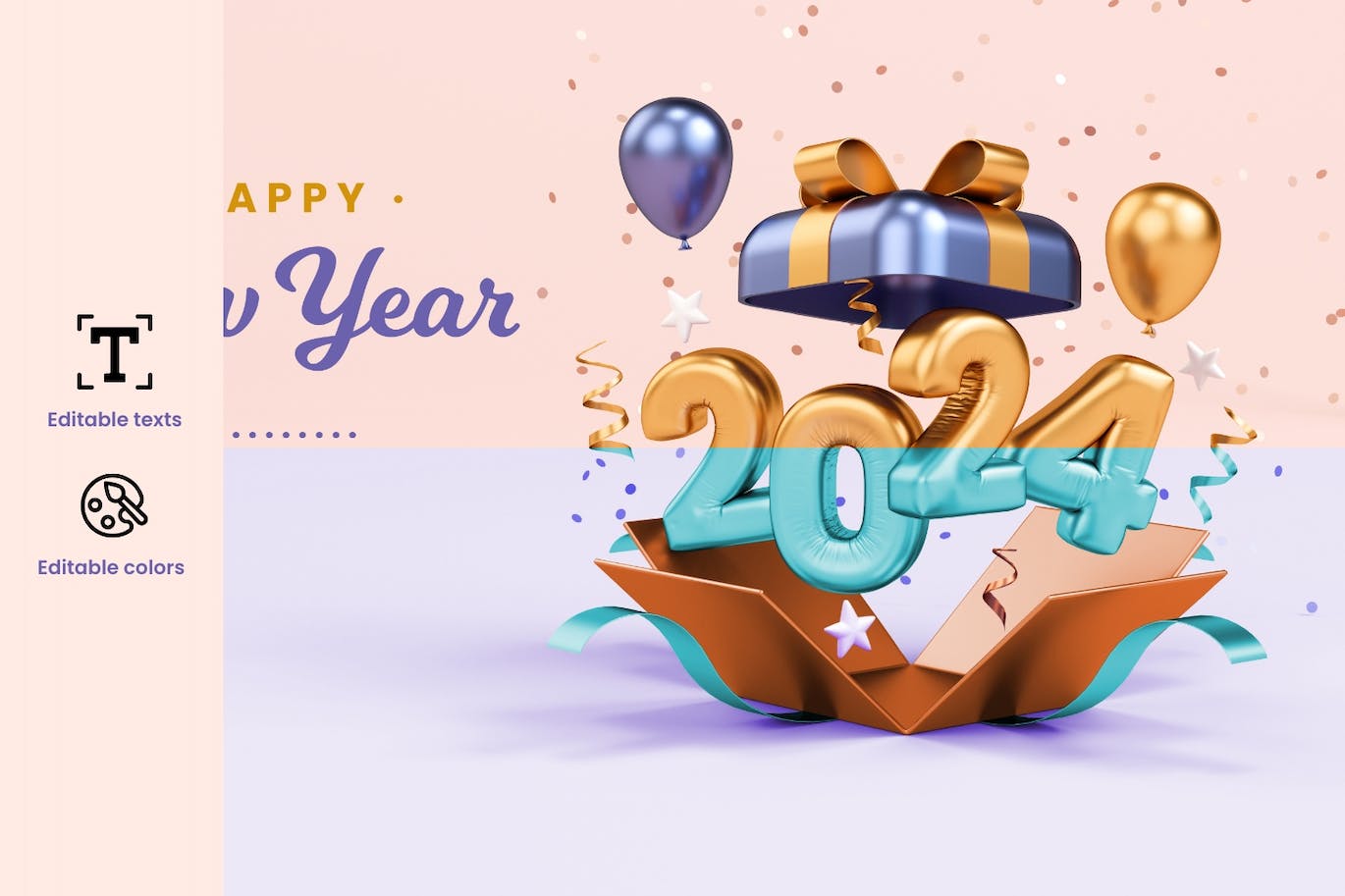 2024年新年快乐3D节日背景礼物PSD素材