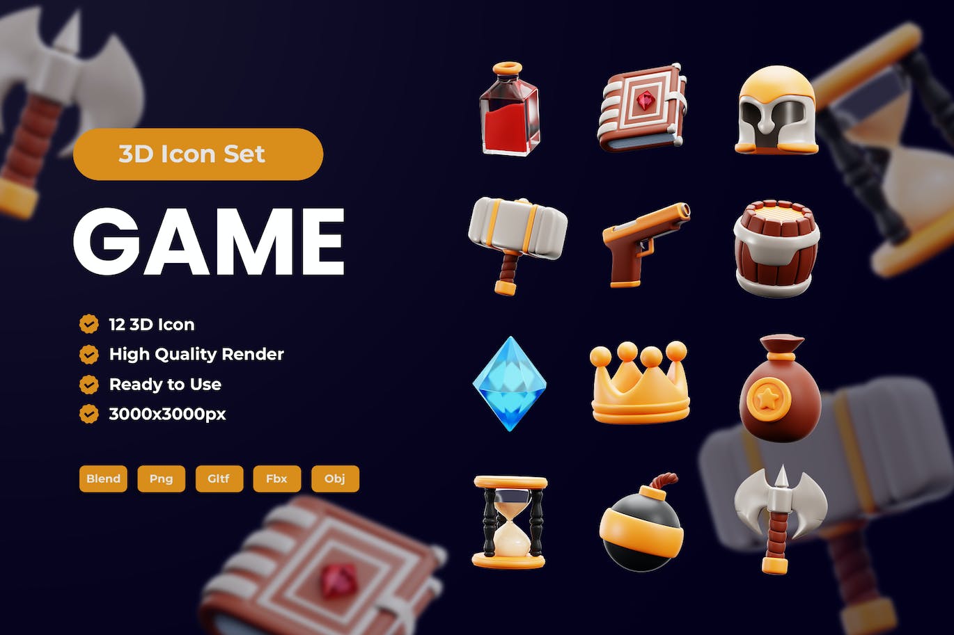 12个游戏资产相关3D图标素材