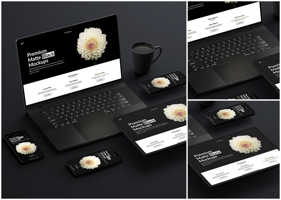 高端黑色哑光电脑设备屏幕PSD样机素材