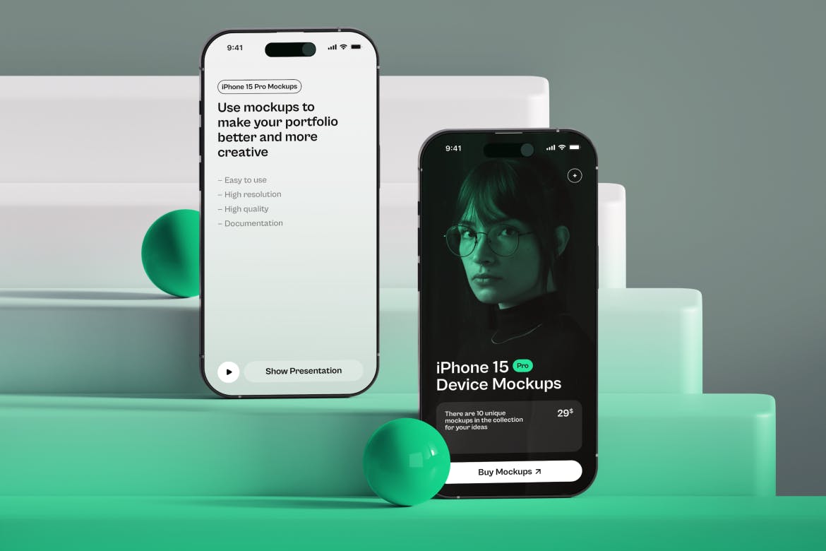高级3D背景iPhone 15样机模型PSD素材包