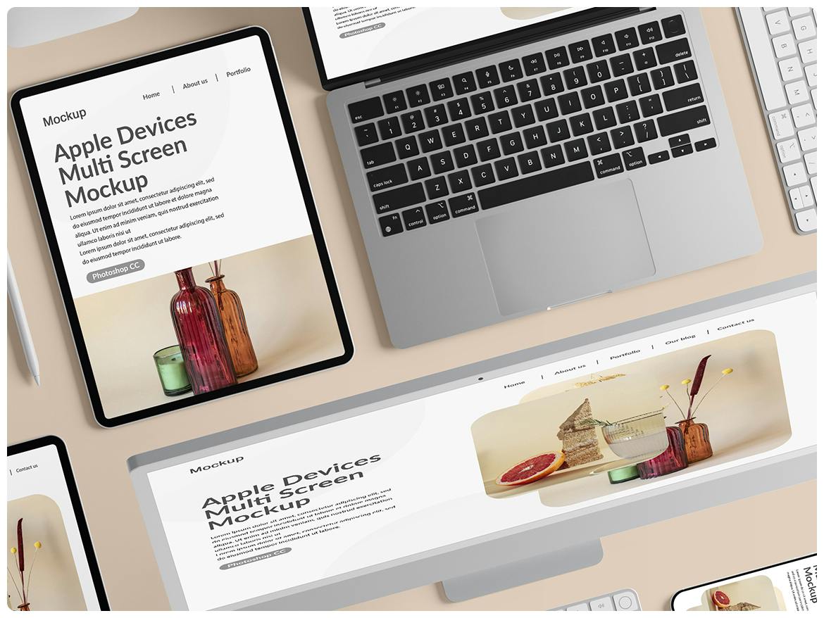 苹果智能产品套装分层样机屏幕PSD素材包