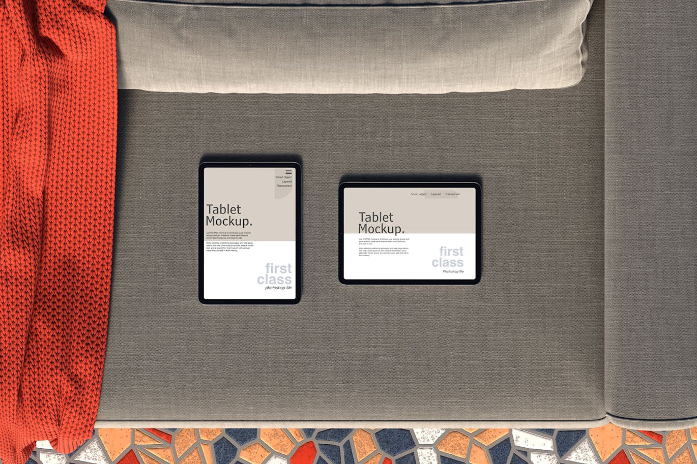 放在沙发上的平板电脑PSD样机素材包-3 放在沙发上的平板电脑PSD样机素材包