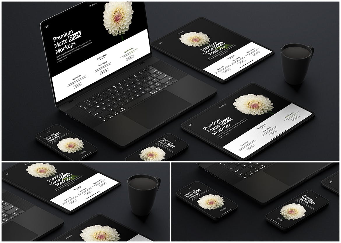 高端黑色哑光电脑设备屏幕PSD样机素材