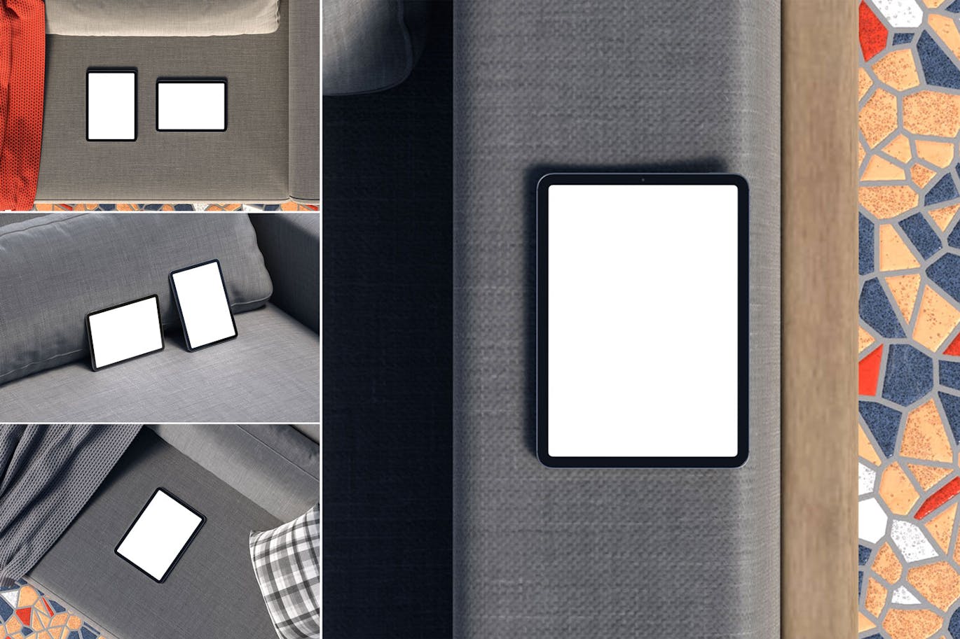 放在沙发上的平板电脑PSD样机素材包-2 放在沙发上的平板电脑PSD样机素材包