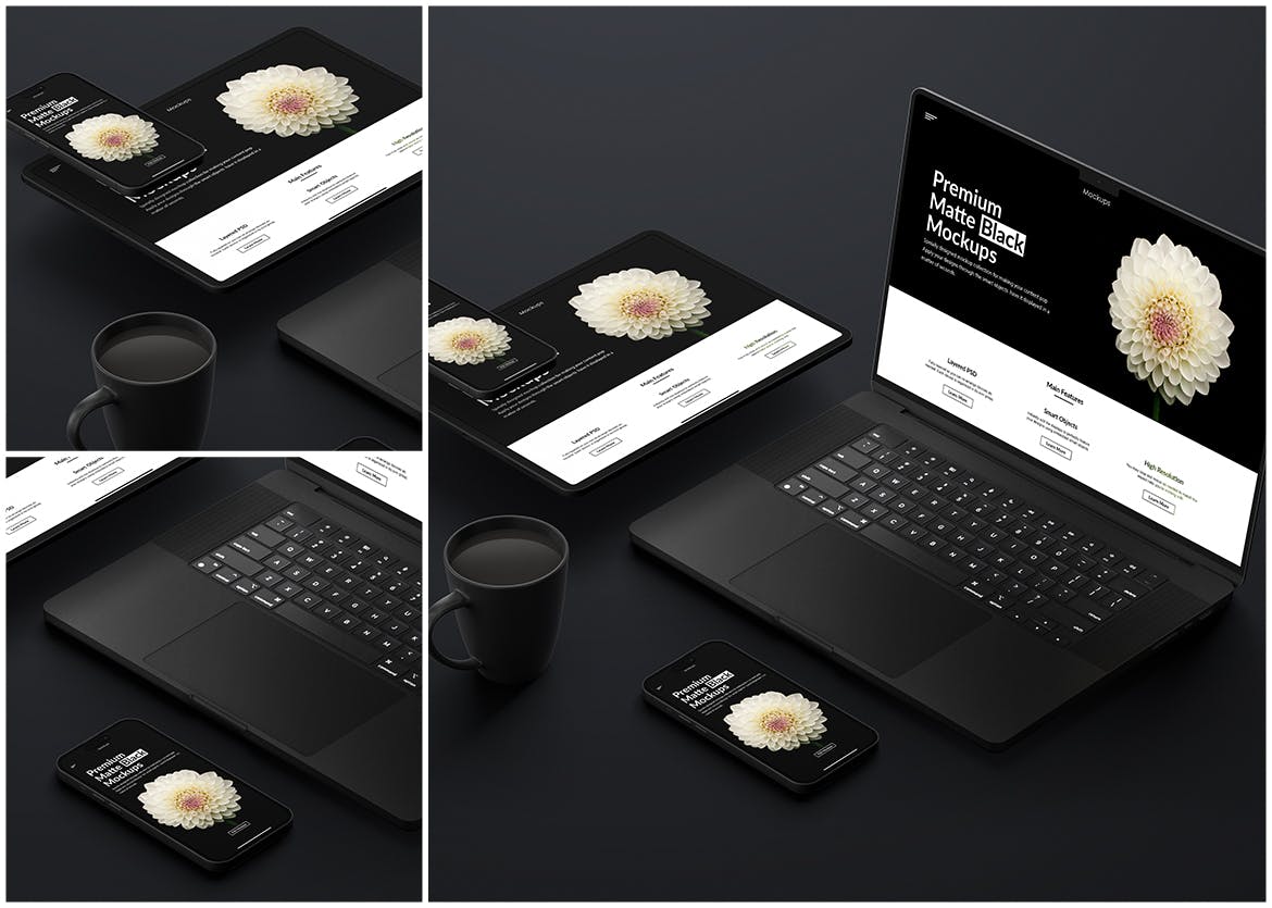 高端黑色哑光电脑设备屏幕PSD样机素材