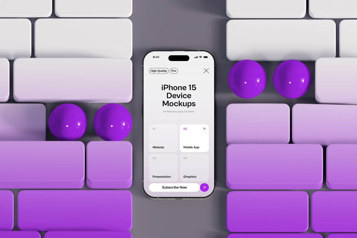高级3D背景iPhone 15样机模型PSD素材包