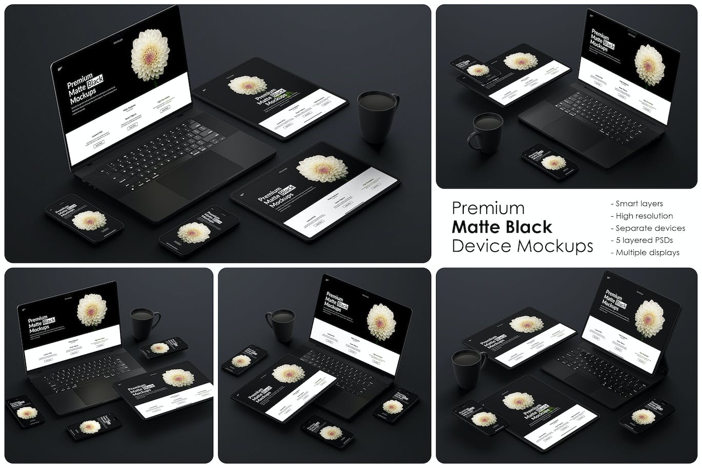 高端黑色哑光电脑设备屏幕PSD样机素材