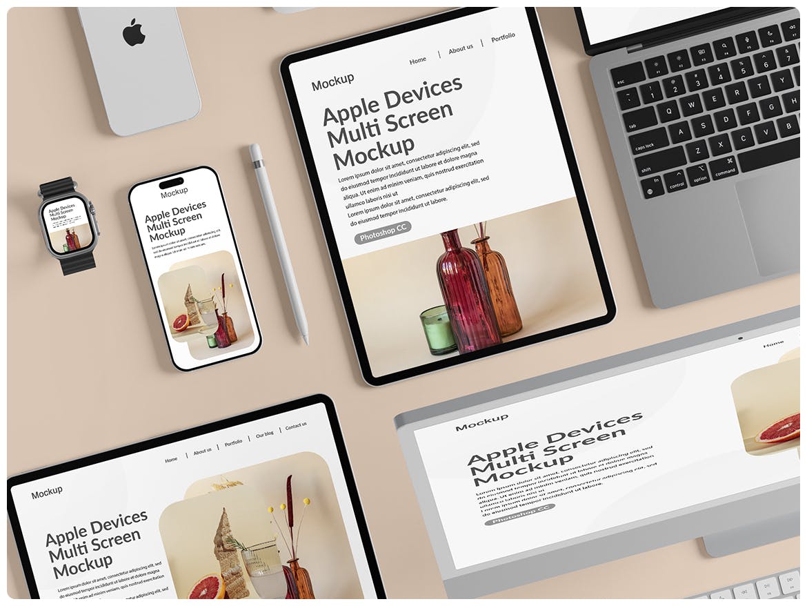 苹果智能产品套装分层样机屏幕PSD素材包