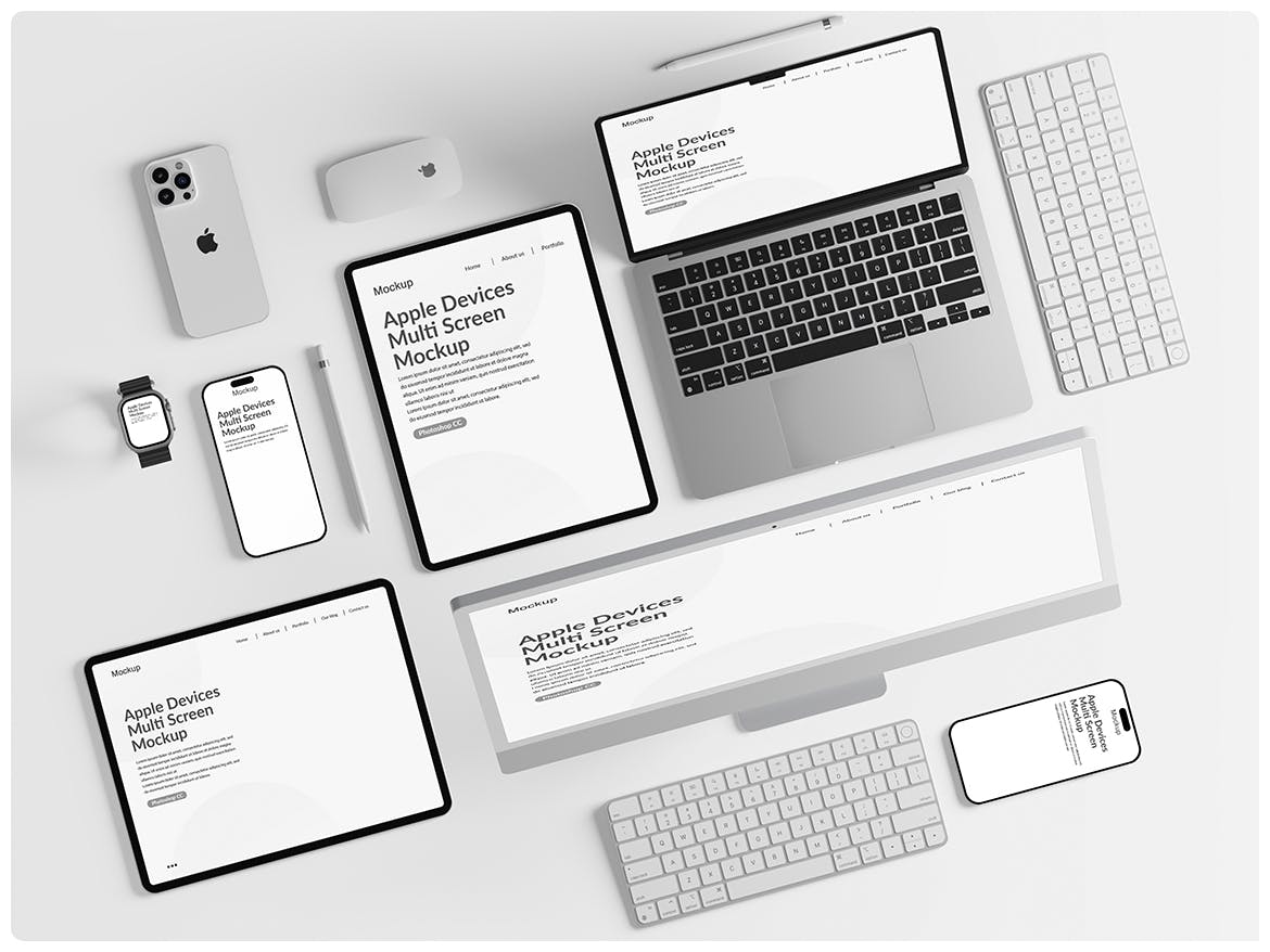 苹果智能产品套装分层样机屏幕PSD素材包