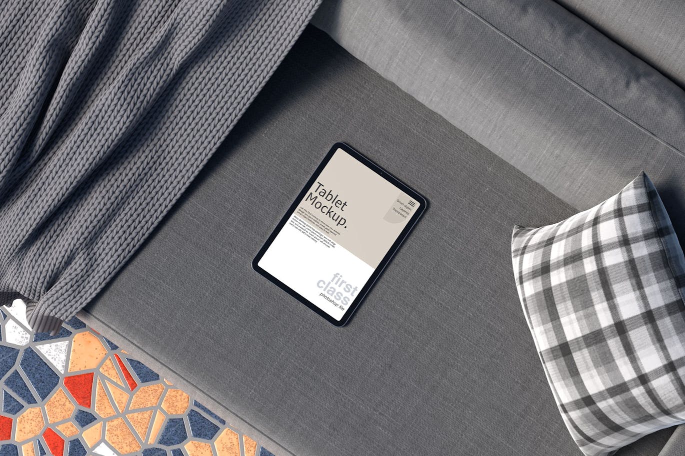 放在沙发上的平板电脑PSD样机素材包-5 放在沙发上的平板电脑PSD样机素材包