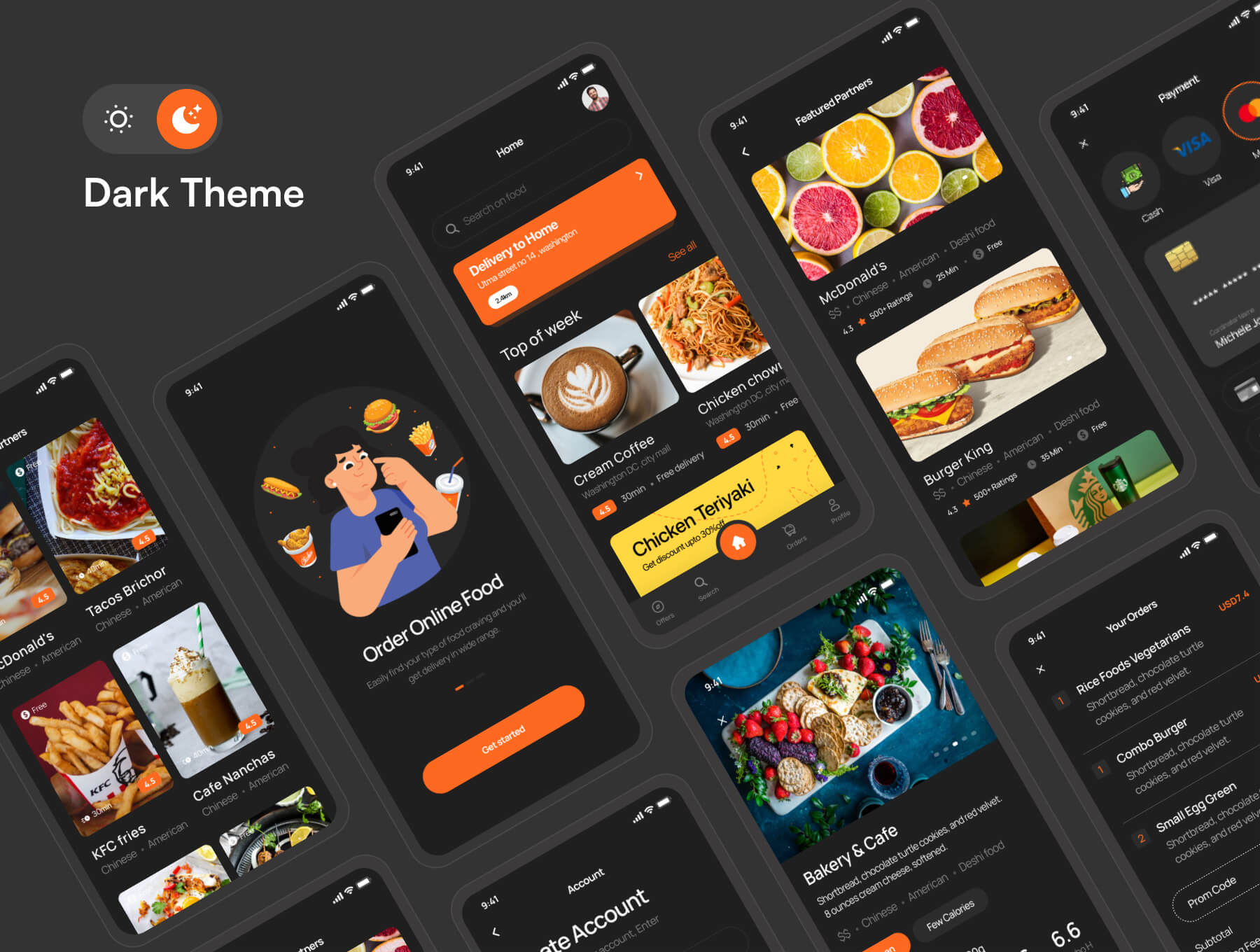 96个橙色食品配送主题APP UI界面素材包
