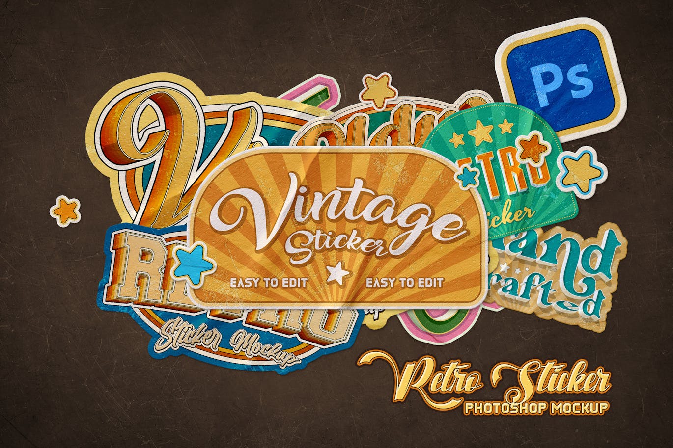 一套复古风格贴纸PSD样机素材包