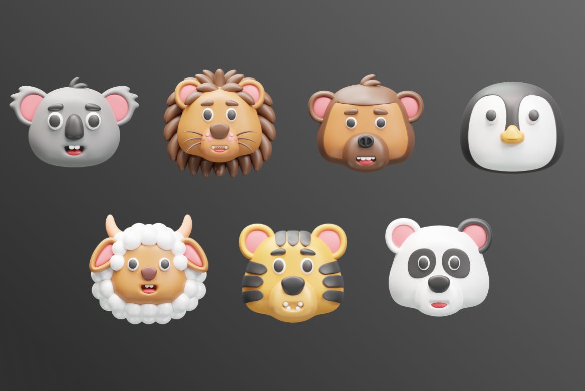 15个不同动物3D头像素材包（PNG,Blender）