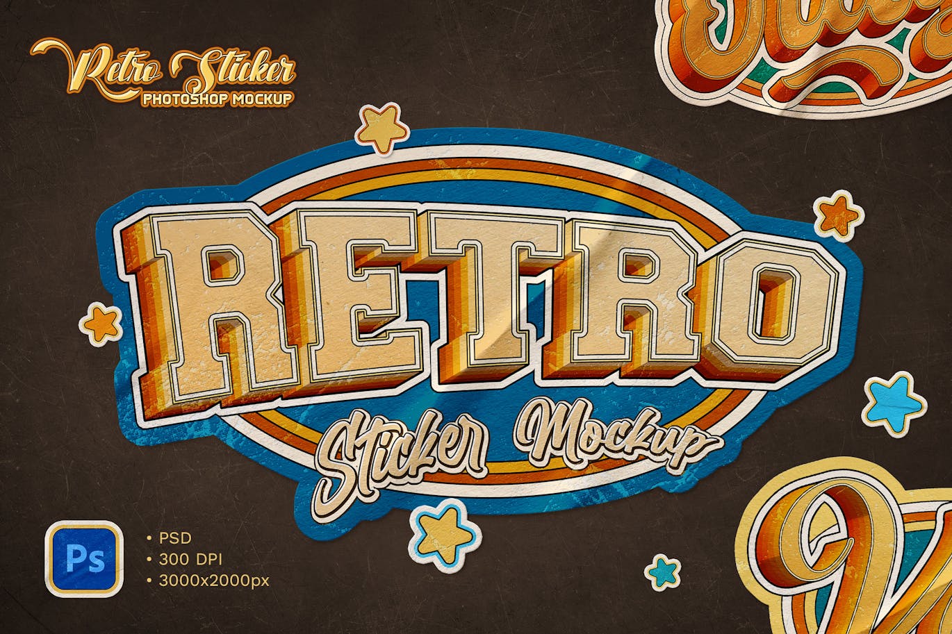 一套复古风格贴纸PSD样机素材包