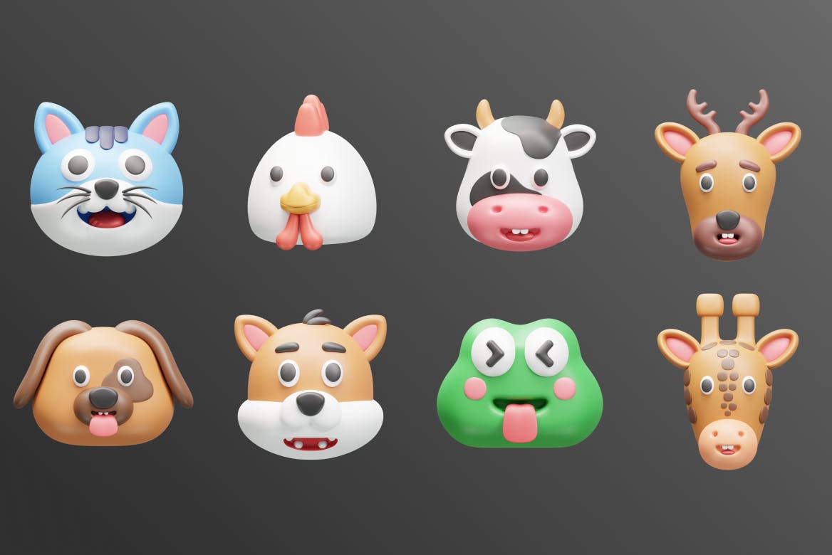 15个不同动物3D头像素材包（PNG,Blender）