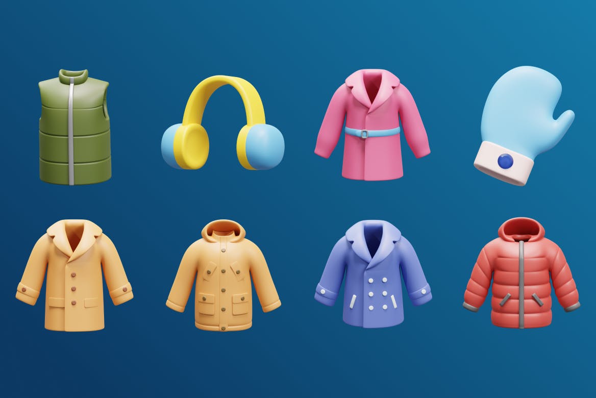 15个冬季外套服装主题3D图标素材包（PNG,Blender）
