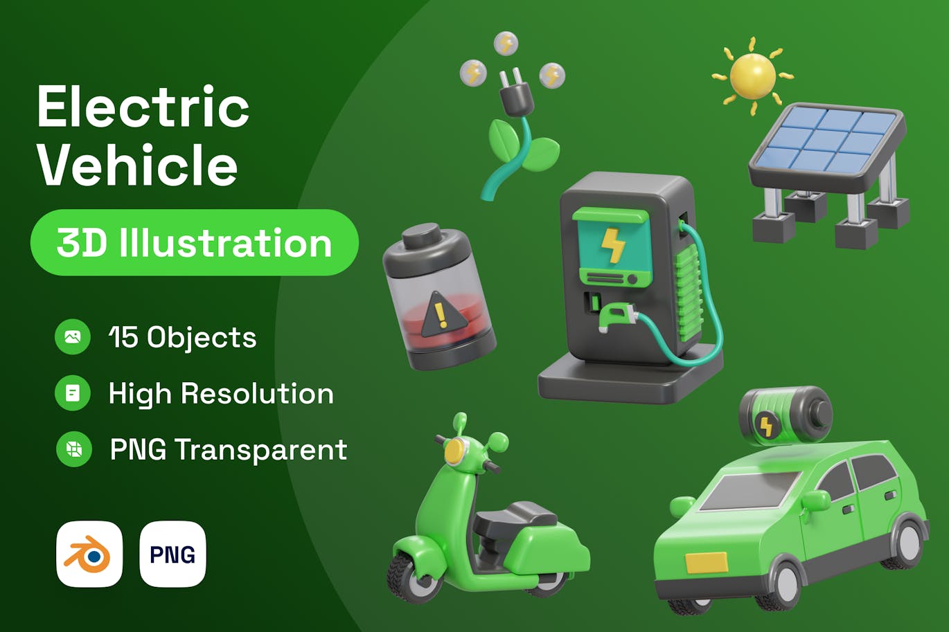 15个绿色新能源电动汽车3D插图素材包（PNG,Blender）