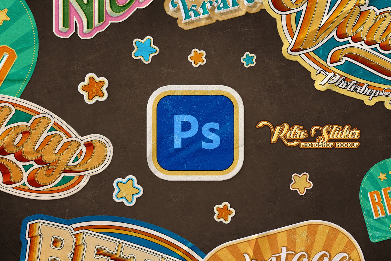 一套复古风格贴纸PSD样机素材包