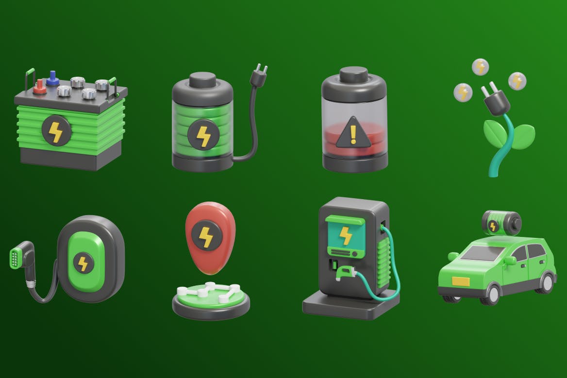 15个绿色新能源电动汽车3D插图素材包（PNG,Blender）