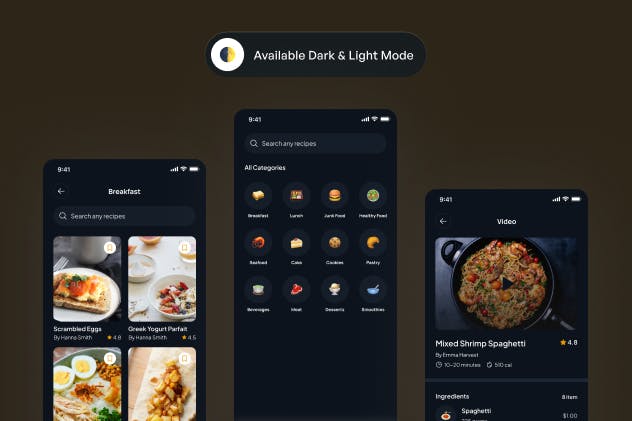 暗黑版本食谱食物类别APP UI KIT素材包