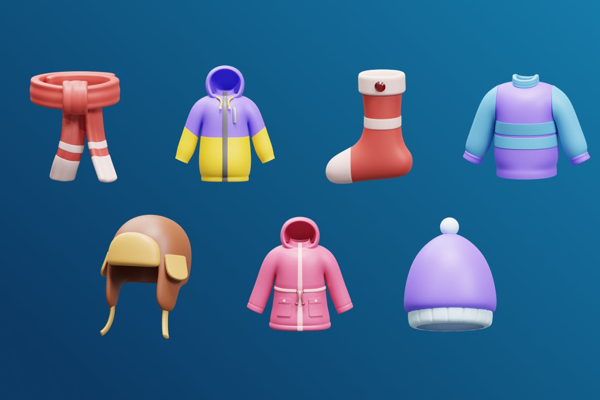 15个冬季外套服装主题3D图标素材包（PNG,Blender）