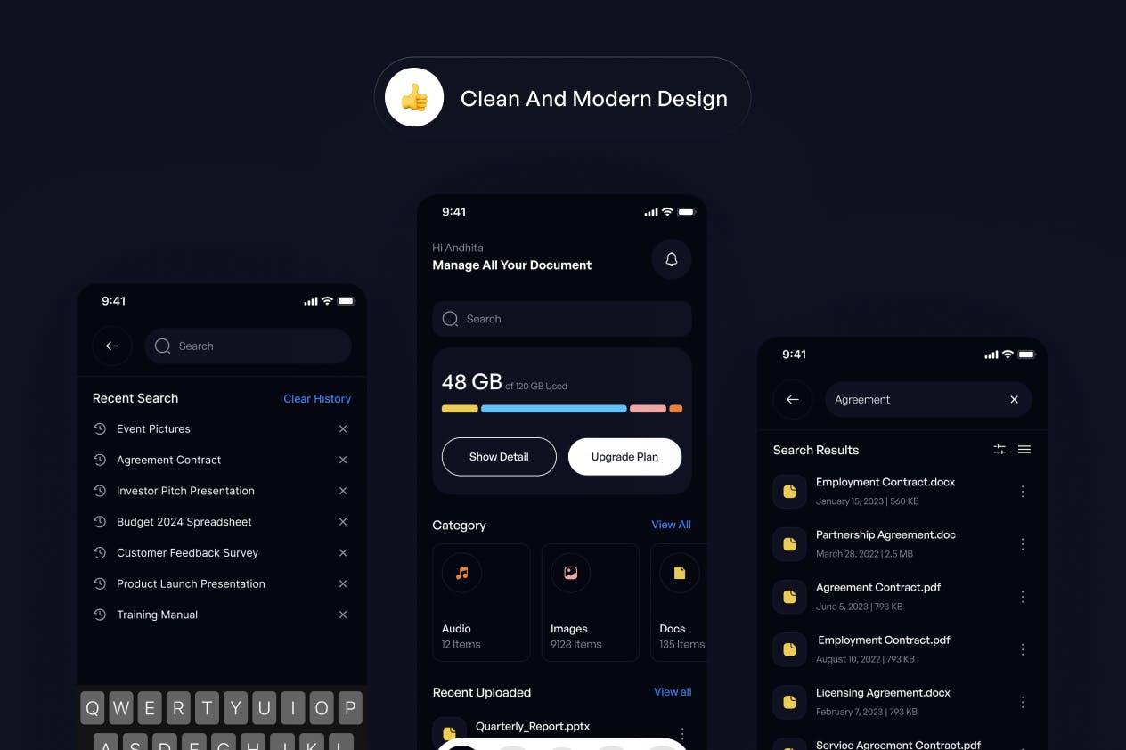 黑色文件管理文件搜索查看页面移动APP UI Kit素材包