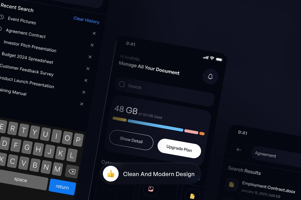黑色文件管理文件搜索查看页面移动APP UI Kit素材包