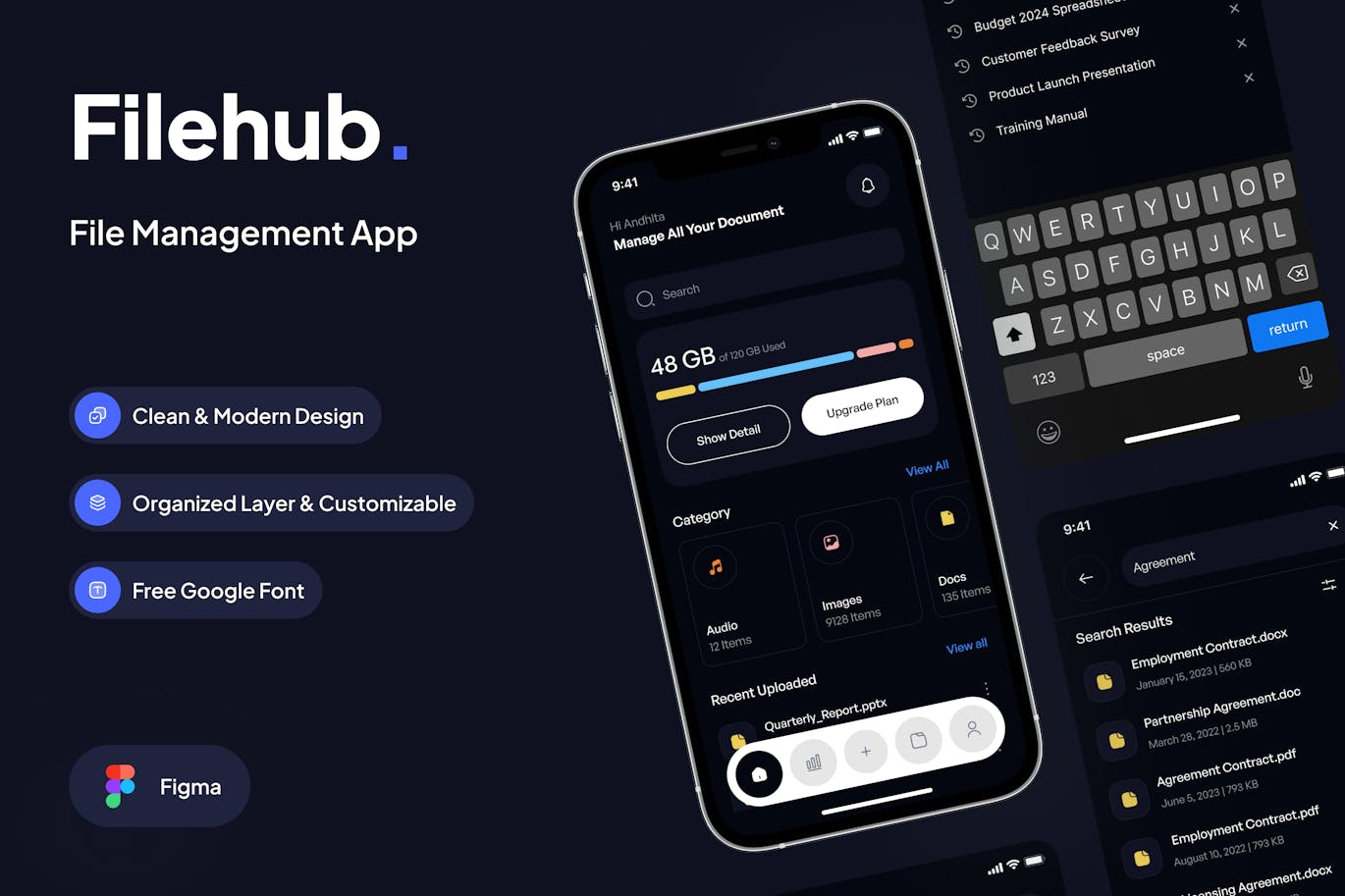 黑色文件管理文件搜索查看页面移动APP UI Kit素材包