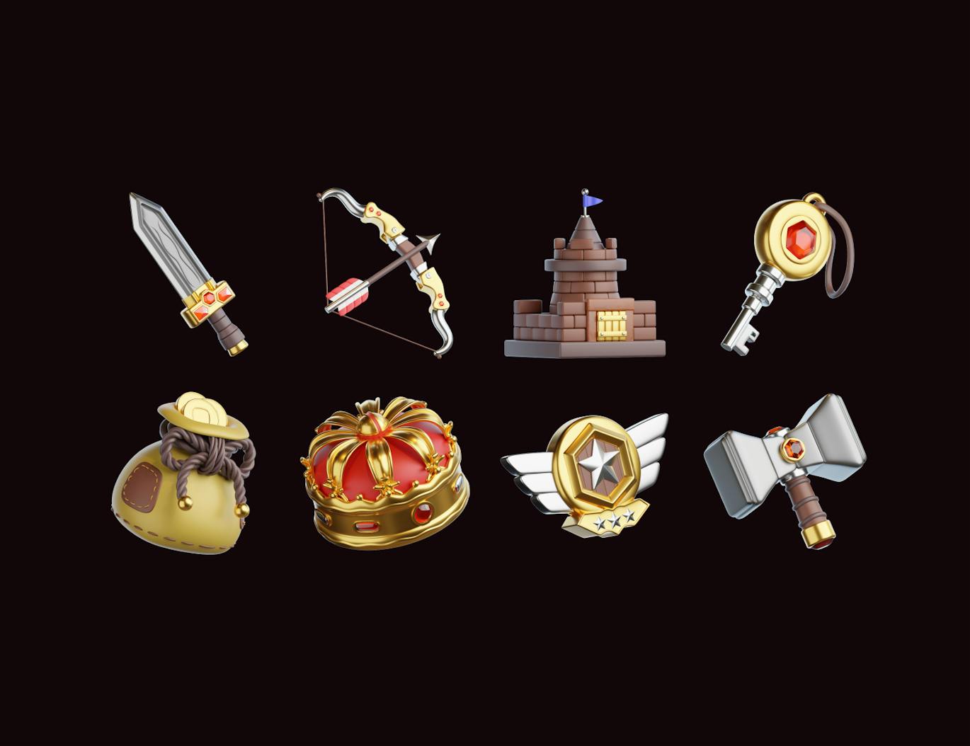 20个逼真有质感的游戏资产3D图标素材包