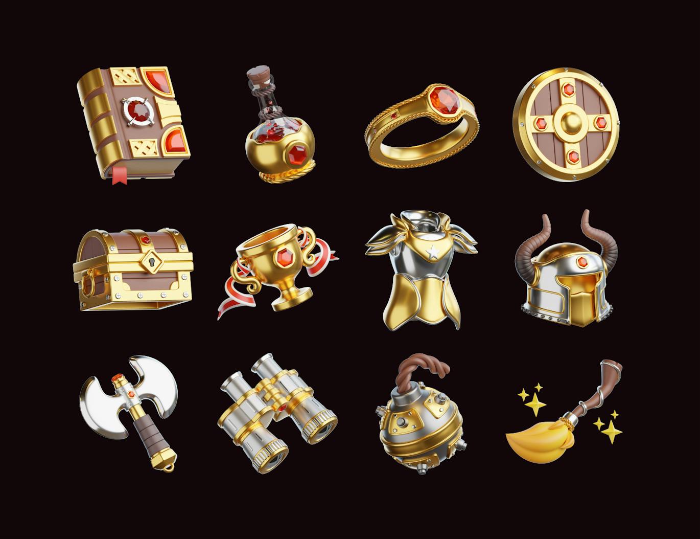 20个逼真有质感的游戏资产3D图标素材包