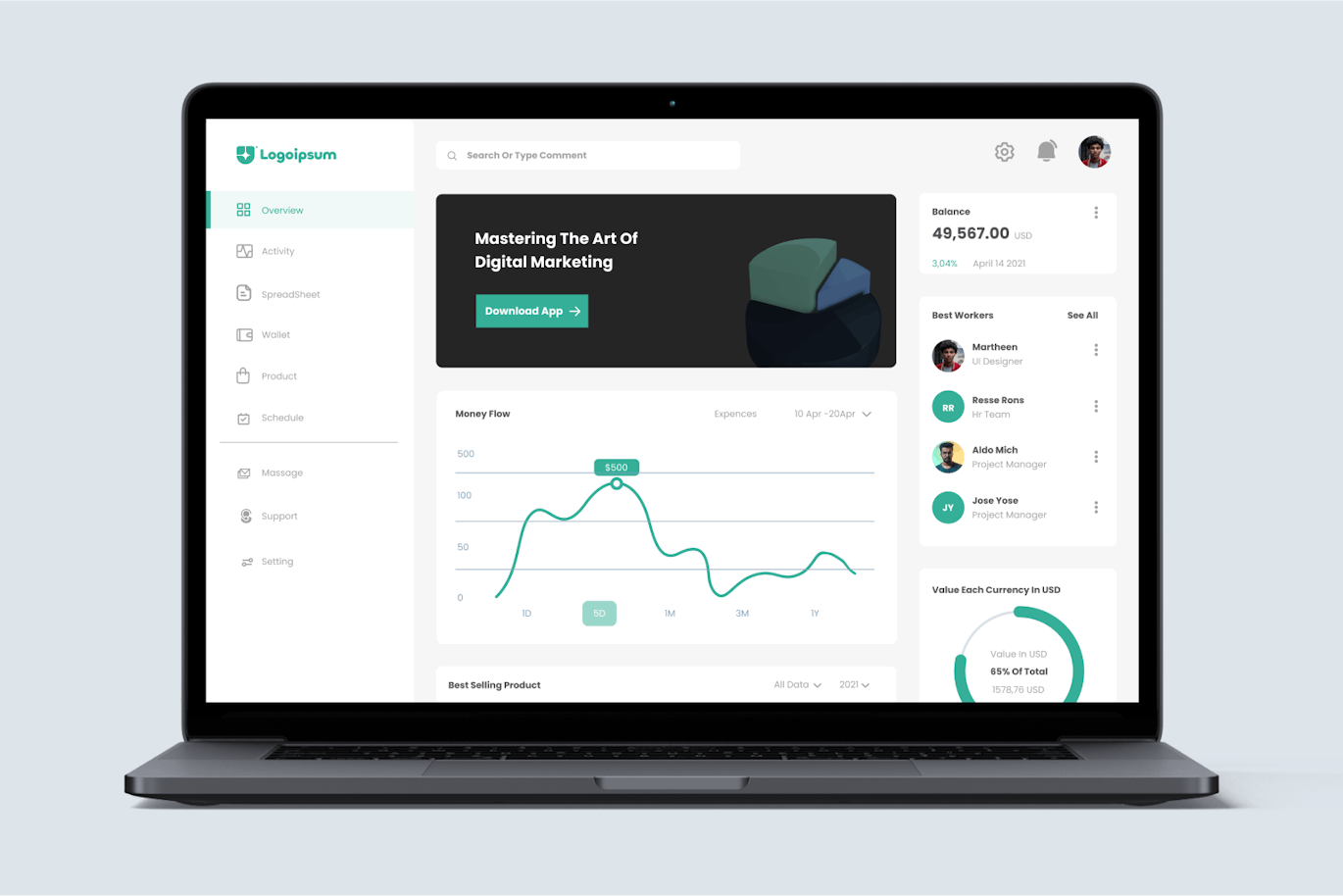 一套绿色小清新财务管理仪表板UI界面素材包