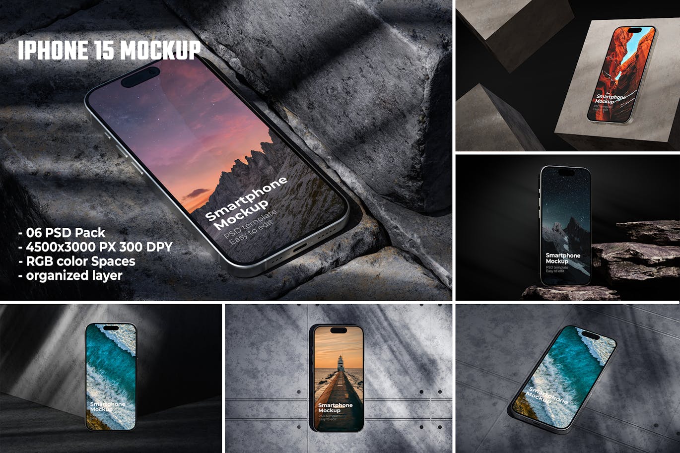 高品质6个场景iPhone 15手机样机PSD素材包