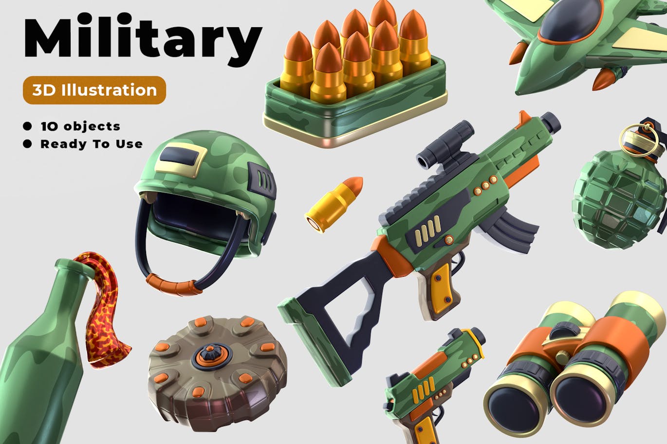 10个漂亮的军事武器主题3D图标模型素材包