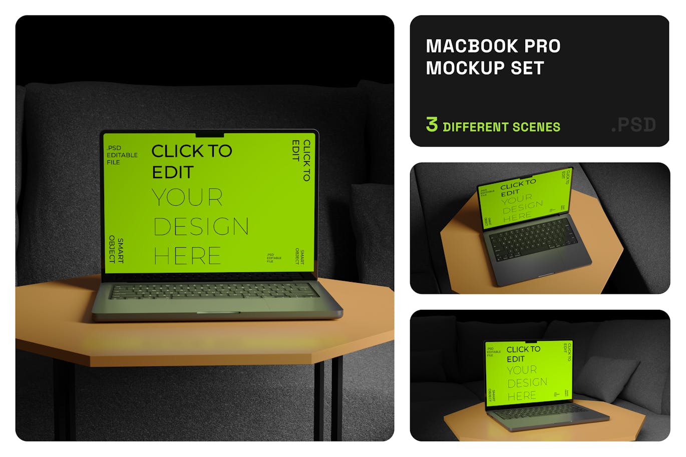 拥有多种角度的Macbook Pro电脑样机PSD素材包