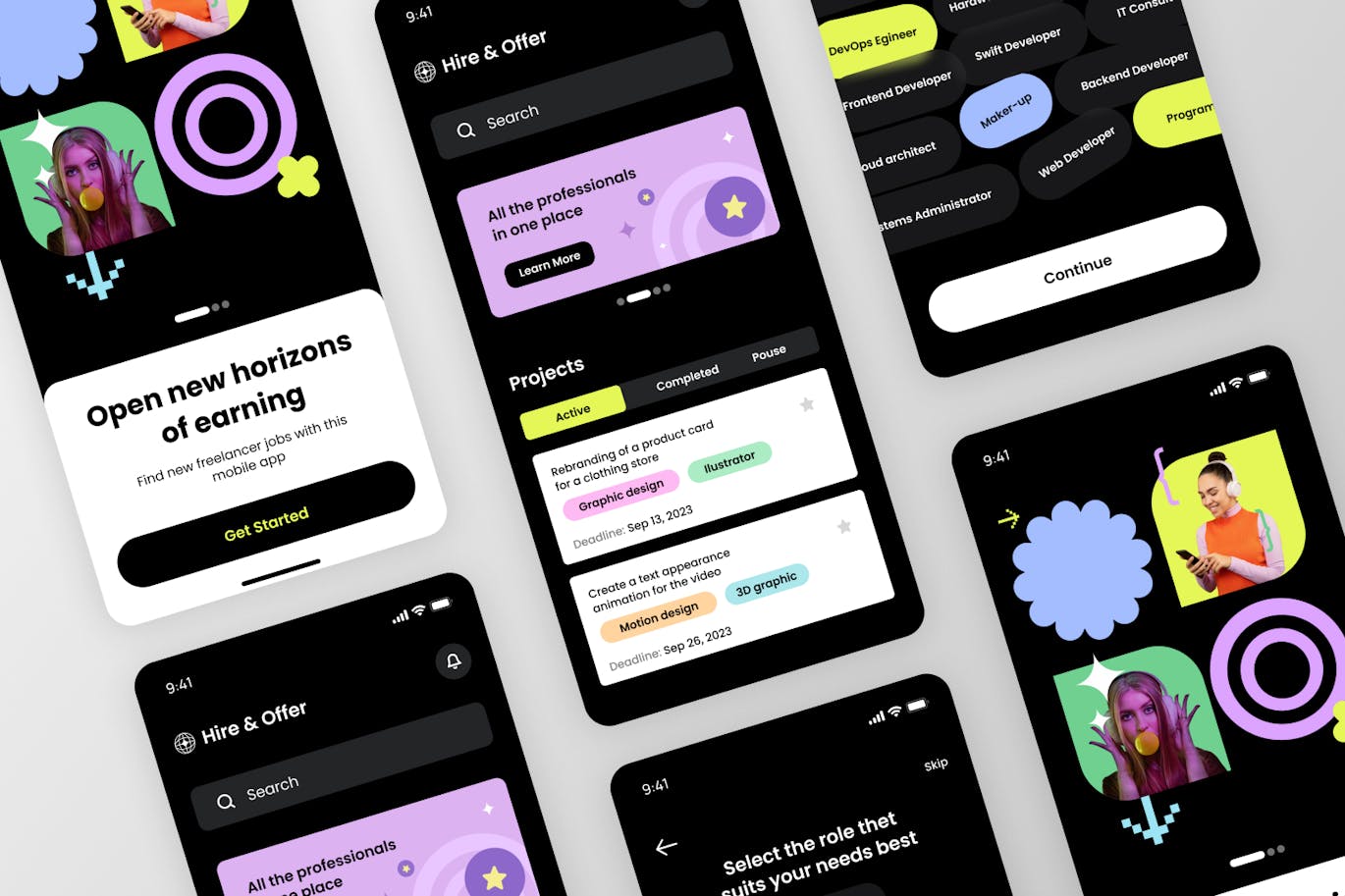黑色酷炫自由职业市场应用APP UI界面素材包