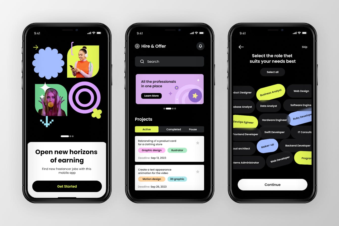 黑色酷炫自由职业市场应用APP UI界面素材包