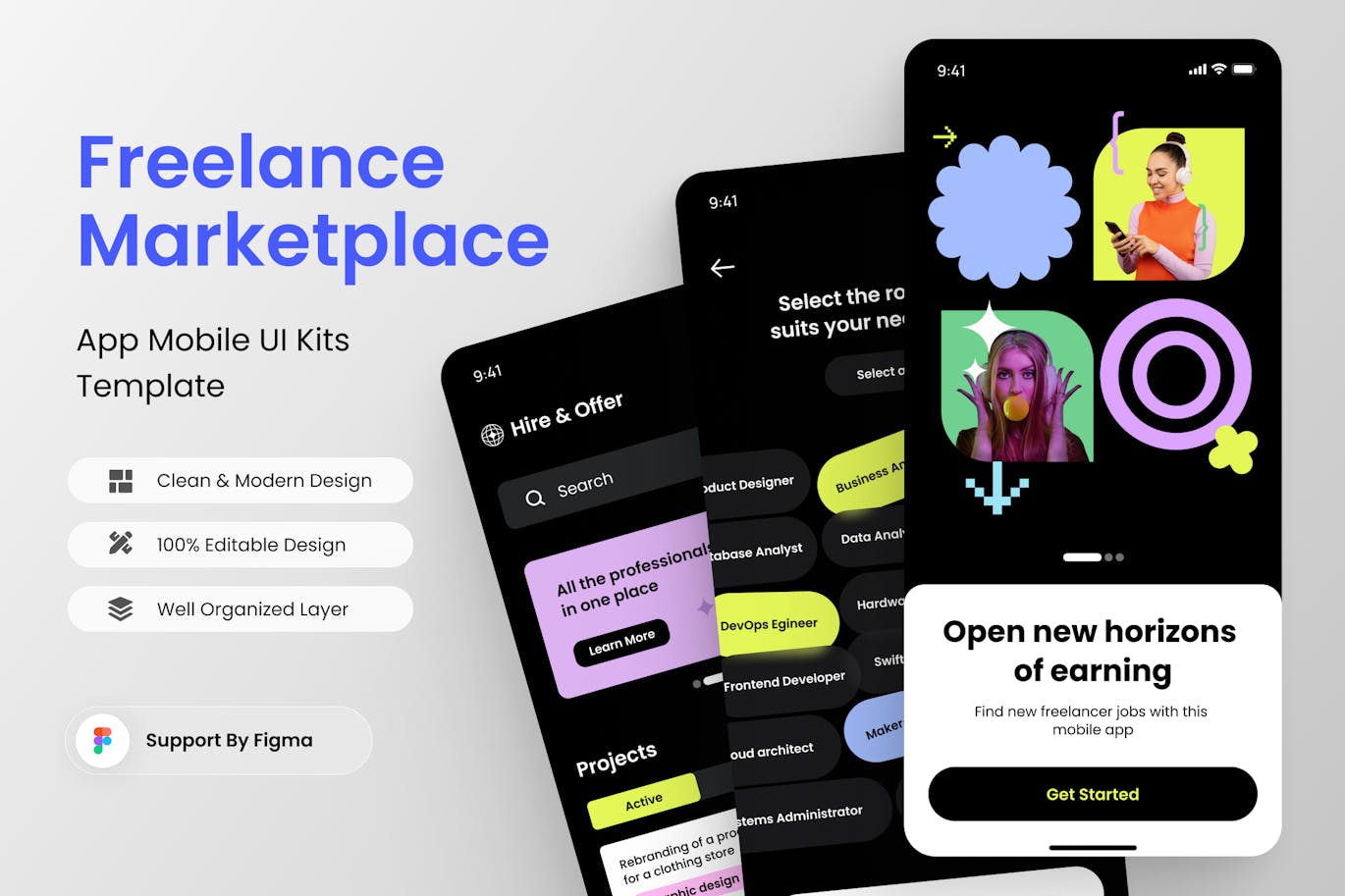 黑色酷炫自由职业市场应用APP UI界面素材包