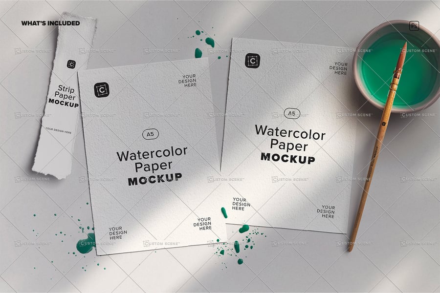 逼真带光影的A5水彩纸PSD样机素材包