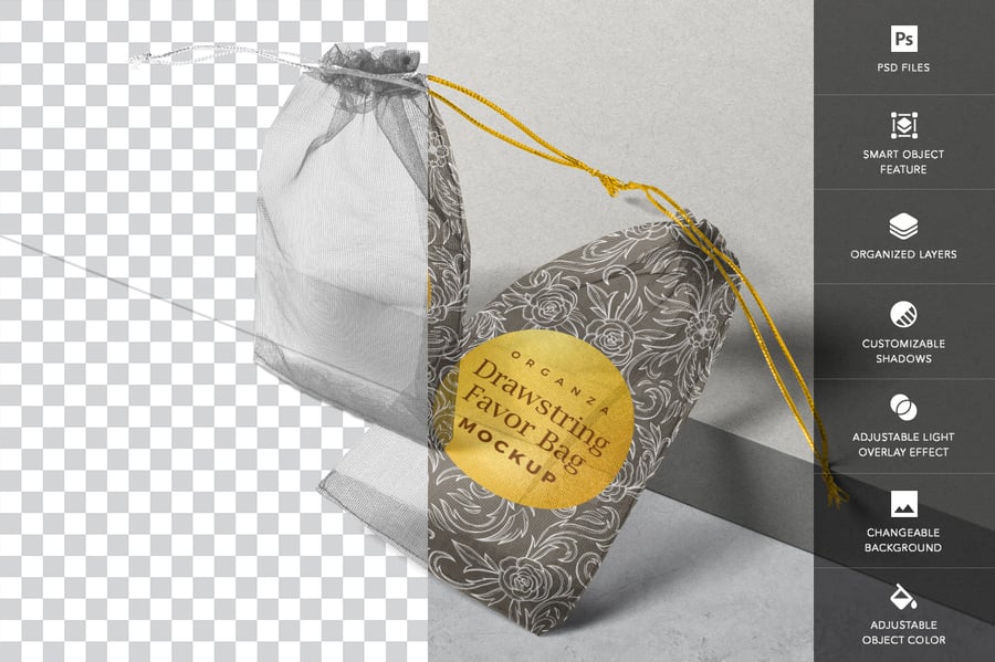 逼真的欧根纱抽绳礼品袋PSD样机素材包