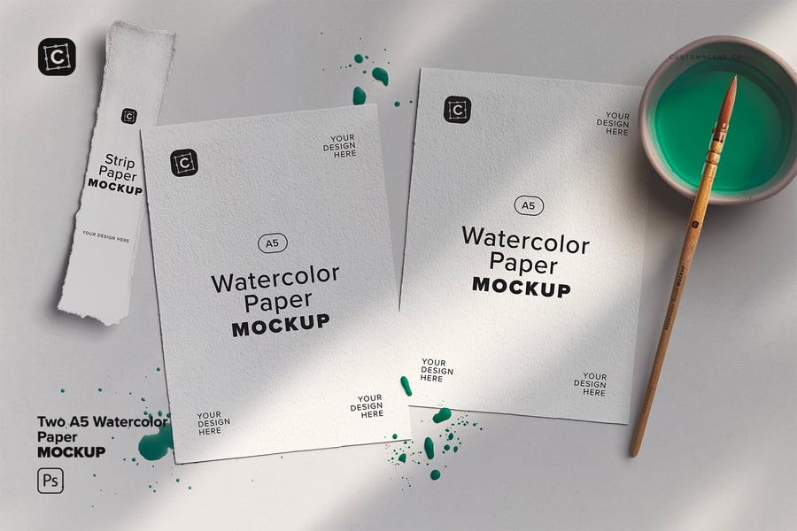 逼真带光影的A5水彩纸PSD样机素材包