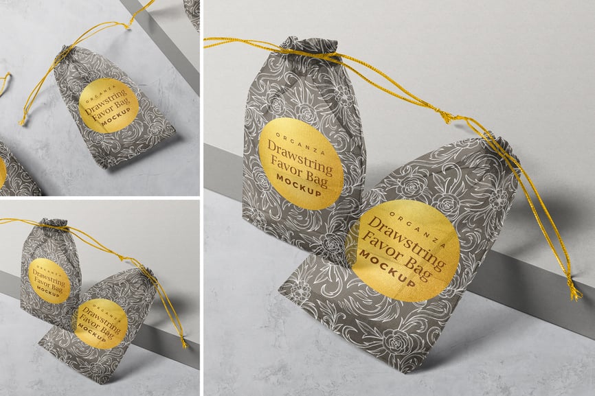 逼真的欧根纱抽绳礼品袋PSD样机素材包