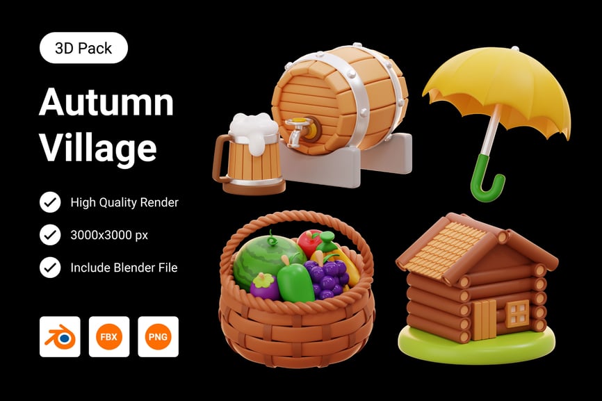 秋天的村庄3D图标素材包