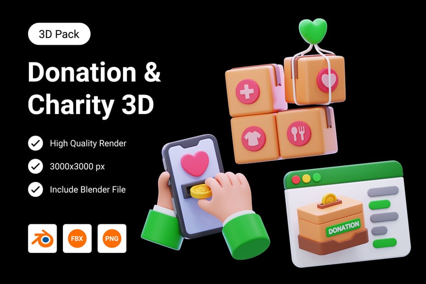 可爱有趣的慈善和捐赠3D图标模型素材包